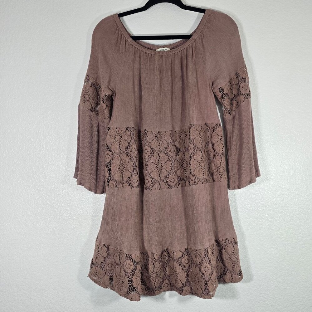 Umgee Floral Dress Women Small Lace Lined Bell Sleeve Brown Boho Festival